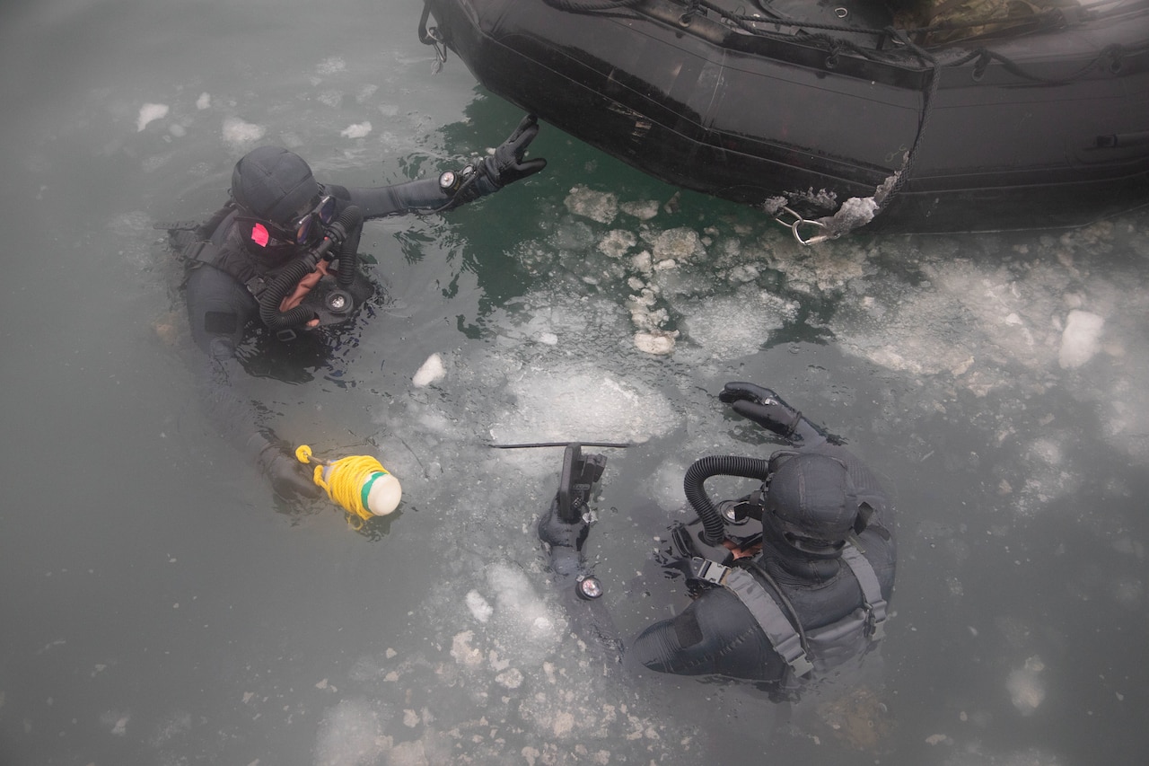 Service members swim in icy waters.
