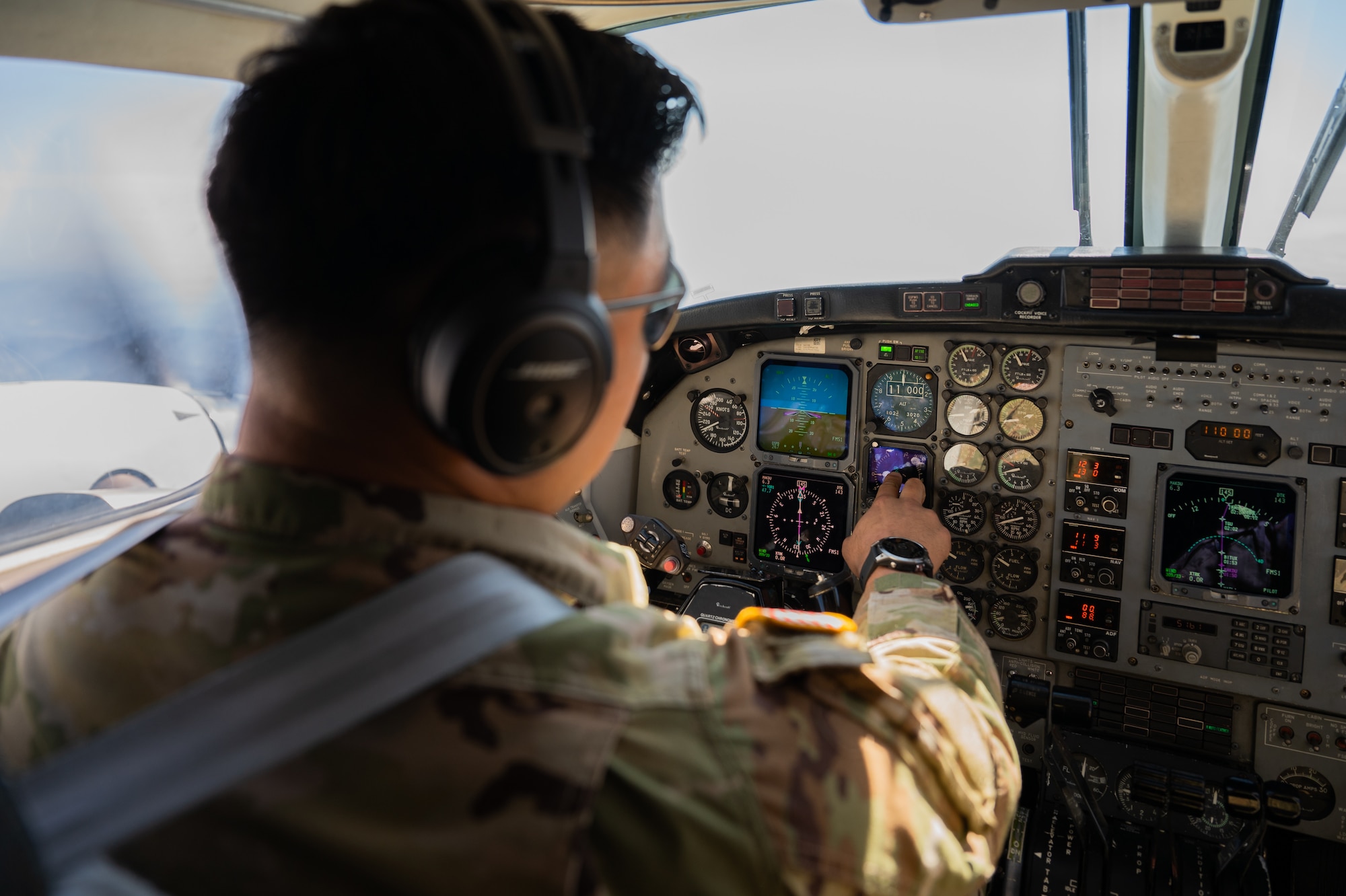 U.S. Army Warrant Officer Chan Kim, E-52 Aviation Regiment pilot in command, flies a C-12 Huron during routine training at Namji, Republic of Korea, March 13, 2024. The training focused on joint and bilateral agile combat employment capabilities. ACE ensures the 51st FW can adapt in rapidly changing environments and maintain readiness to counter emerging threats and sustain operational effectiveness with their allies. (U.S. Air Force photo by Senior Airman Brittany Russell)