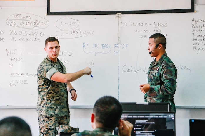 U.S. Marine Corps Capt. Eric E. Jacobs, cyberspace operations officer, III Marine Expeditionary Force Information Group, instructs a class on computer networks and subnetting during a subject matter expert exchange between Pacific Marines and Royal Thai military cyber personnel in Sattahip, Thailand, Feb. 19-23, 2024. The exchange represents a crucial step forward in advancing defensive cyber operations and fostering stronger partnerships with our Allies in the Indo-Pacific region. (Courtesy photo by Public Affairs personnel of the Royal Thai Marine Corps Headquarters base)