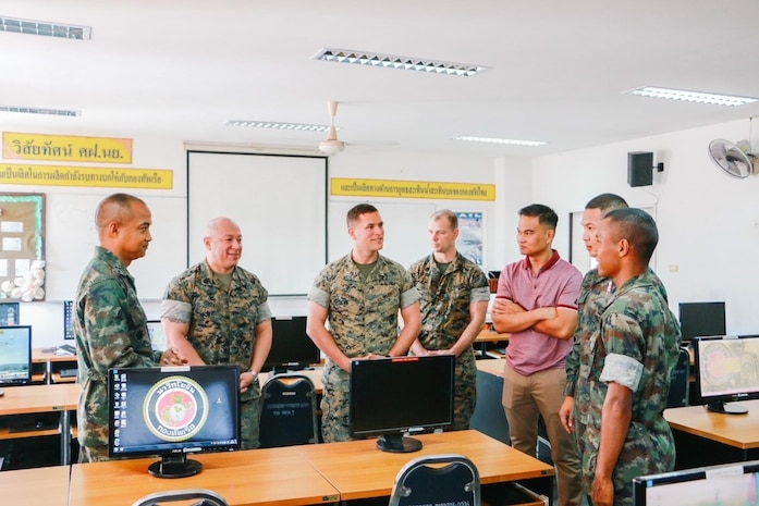 Commander Weerakamon Suanchan, operations planner, Royal Thai Marine Corps, addresses the participants before the commencement of a subject matter expert exchange between Pacific Marines and Royal Thai military cyber personnel in Sattahip, Thailand, Feb. 19-23, 2024. The exchange represents a crucial step forward in advancing defensive cyber operations and fostering stronger partnerships with our Allies in the Indo-Pacific region. (Courtesy photo by Public Affairs personnel of the Royal Thai Marine Corps Headquarters base)