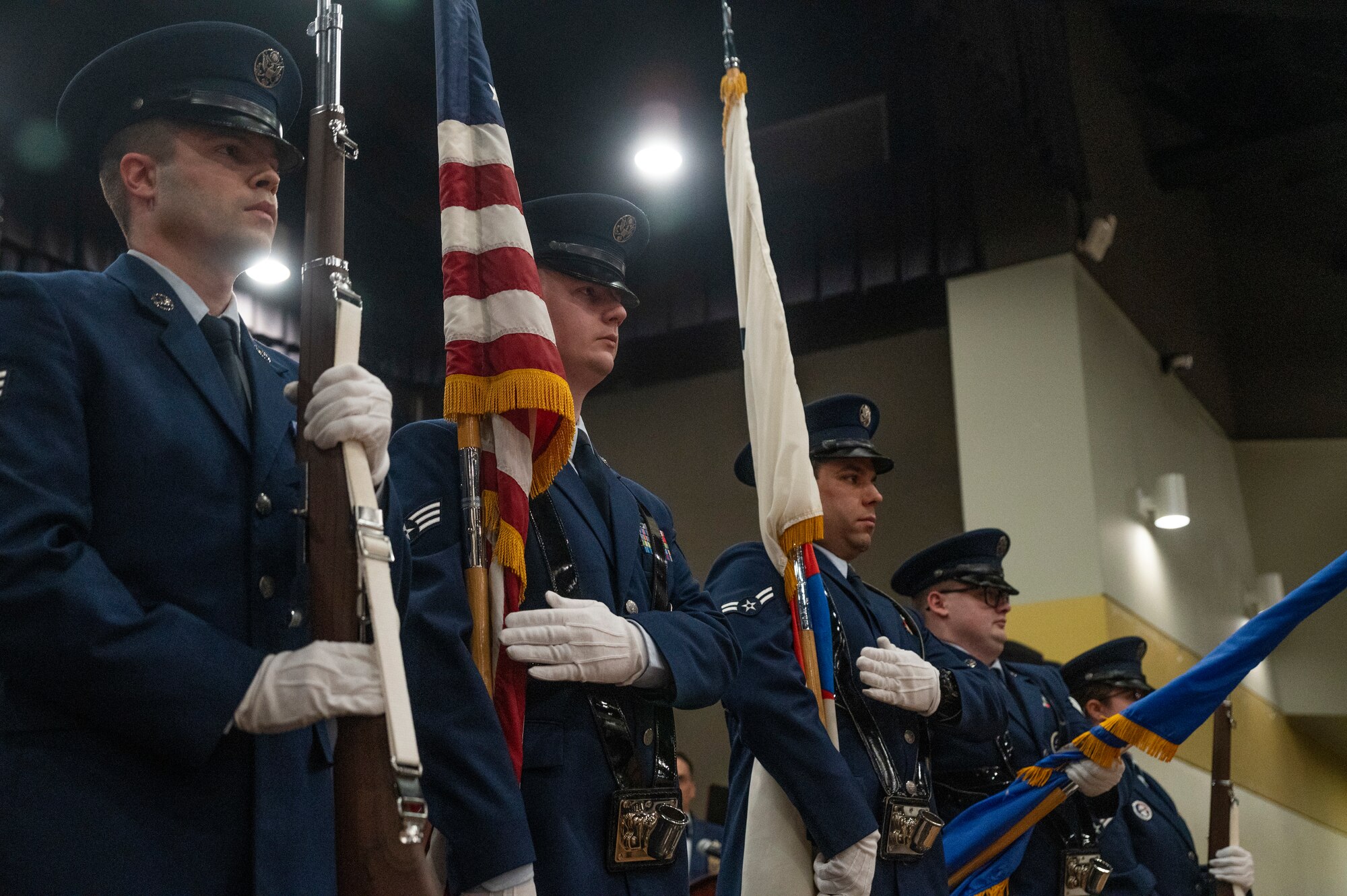U.S. Air Force base honor guardsmen post the colors during the 51st Fighter Wing Chief Recognition Ceremony at Osan Air Base, Republic of Korea, March 15, 2024.