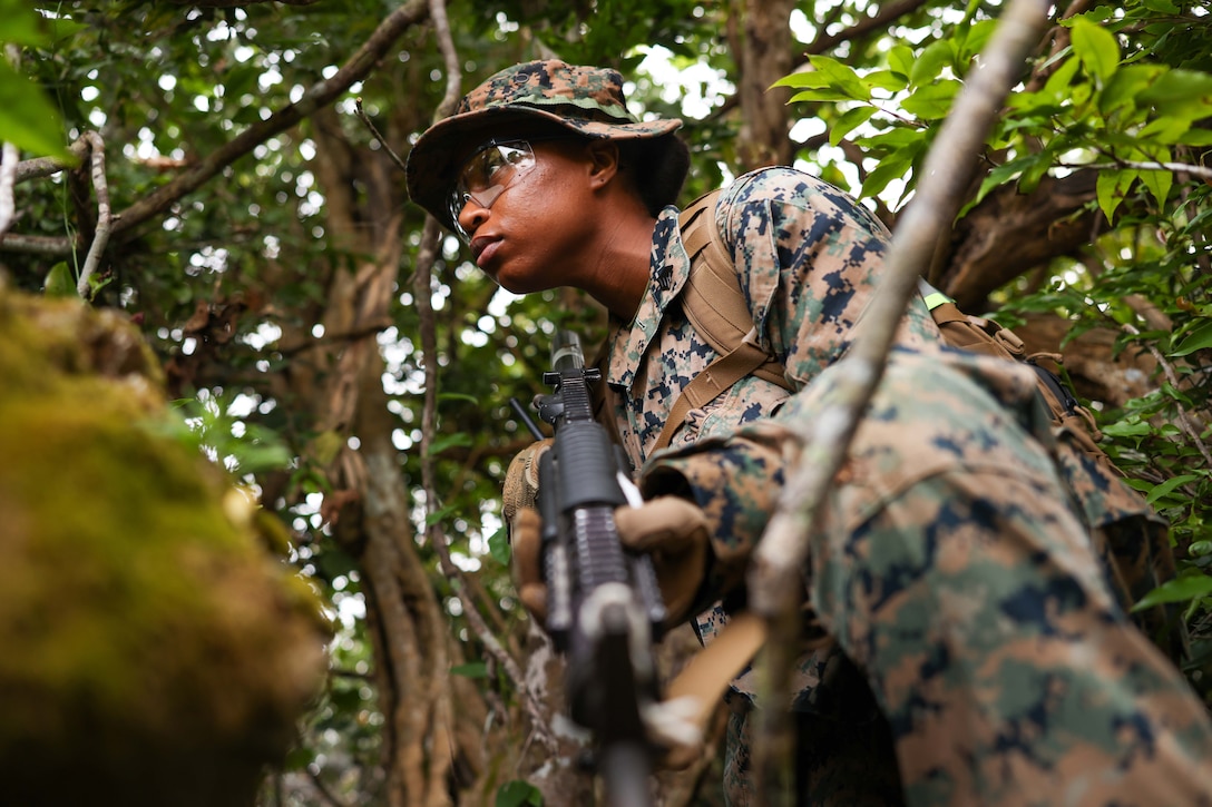 A Marine holding a weapon and surrounded by trees kneels and looks forward.