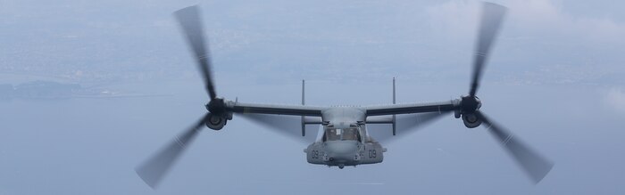 A U.S. Marine Corps MV-22B Osprey, with Marine Medium Tiltrotor Squadron 265, Marine Aircraft Group 36, 1st Marine Aircraft Wing, conducts maneuvers over Yokota Air Force Base, Honshu, Japan, Aug. 31, 2014.