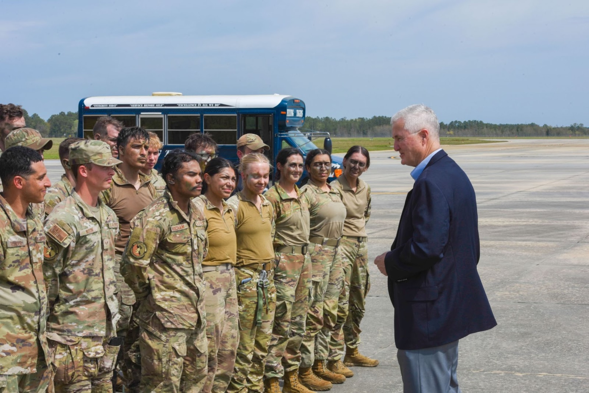 Chief Master Sgt. of the Air Force (ret.) Gerald R. Murray talks to Airmen assigned to the 820th Base Defense Group at Moody Air Force Base, Georgia, March 15, 2023. The BDG is tasked with the defense of the installation and has security force, communications, and explosive ordnance disposal units. (U.S. Air Force photo by Airman 1st Class Sir Wyrick)