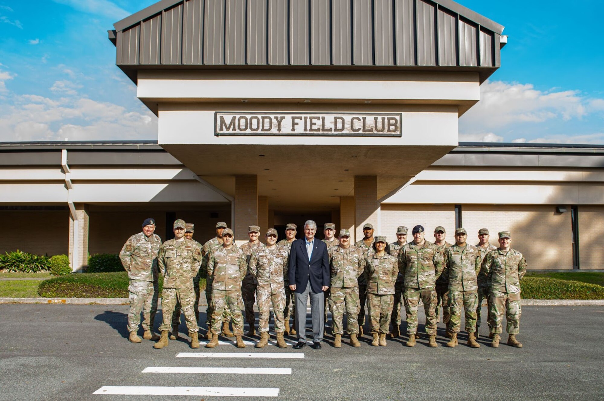 Chief Master Sgt. of the Air Force (ret.) Gerald R. Murray takes a picture with the chief's group at Moody Air Force Base, Georgia, March 15, 2023. Murray sat down with chiefs to discuss how they could better serve their Airmen and gave advice to newly selected chiefs. (U.S. Air Force photo by Airman 1st Class Sir Wyrick)