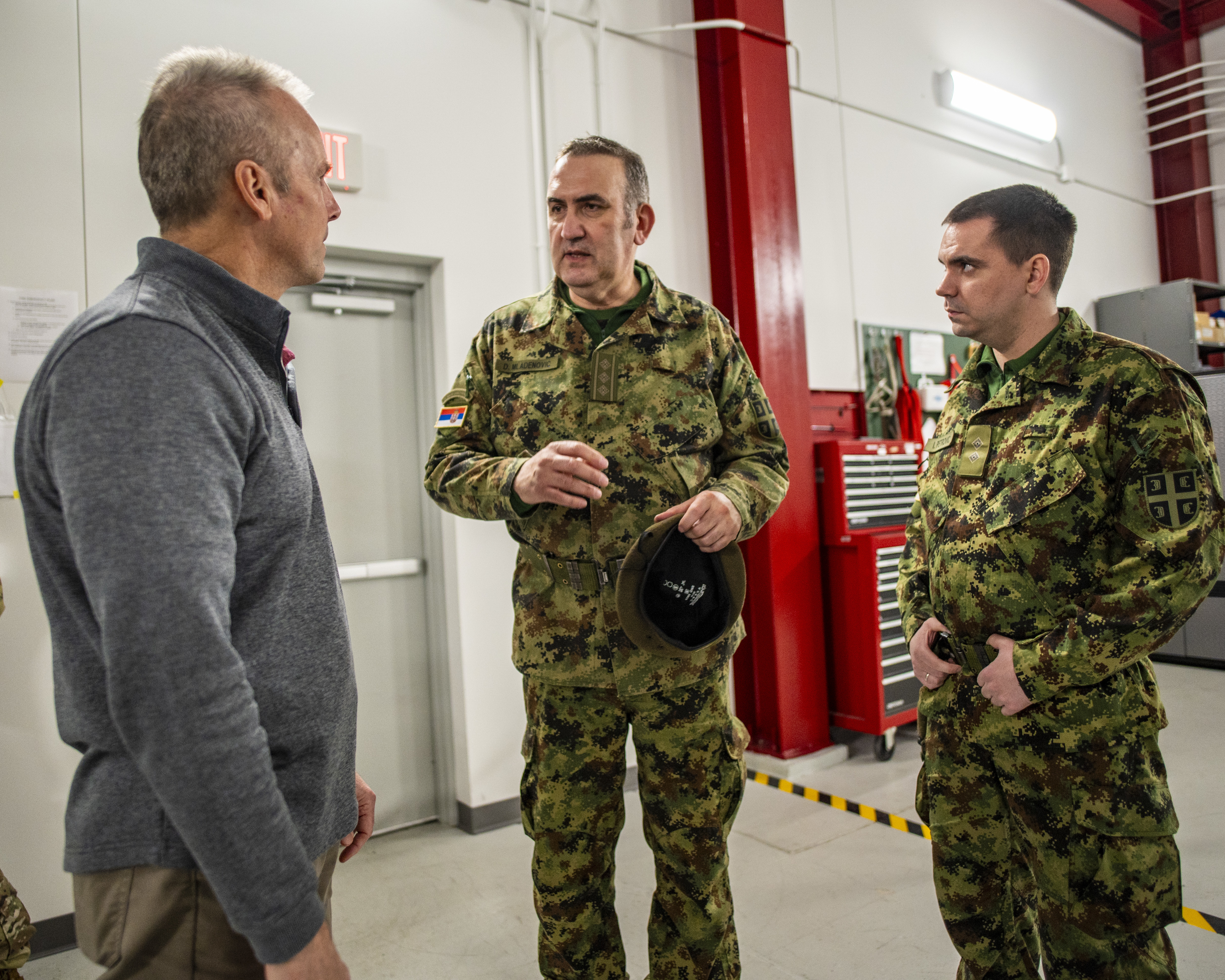 A delegation of Serbian Armed Forces cyber professionals visit Airmen of the 121st Air Refueling Wing at Rickenbacker Air National Guard Base, Ohio, March 6, 2024. During their visit as part of the State Partnership Program, the Serbians toured a KC-135 Stratotanker and tried their hand at flying in a flight simulator. (U.S. Air National Guard photo by Ralph Branson)