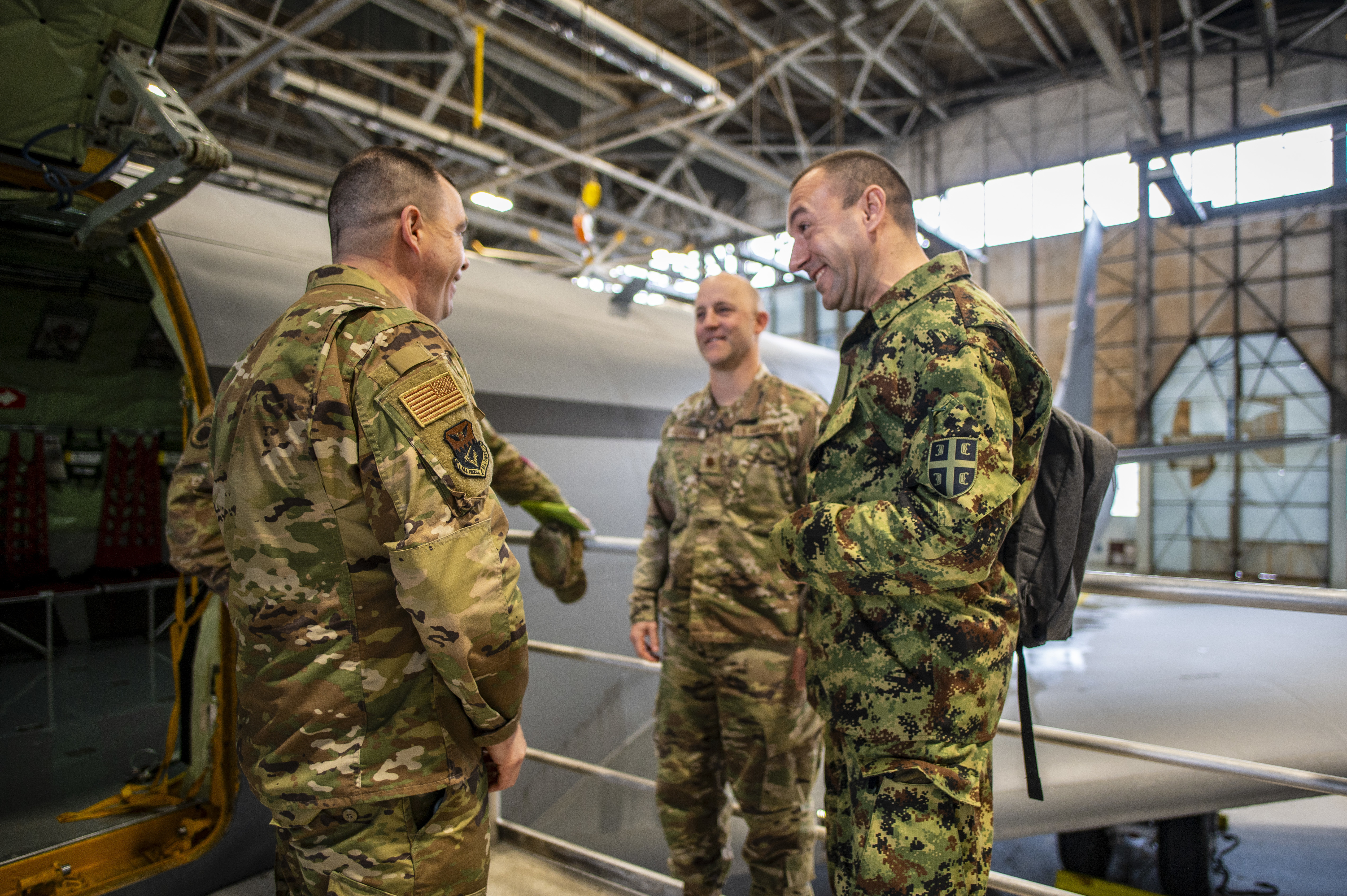 A delegation of Serbian Armed Forces cyber professionals visit Airmen of the 121st Air Refueling Wing at Rickenbacker Air National Guard Base, Ohio, March 6, 2024. During their visit as part of the State Partnership Program, the Serbians toured a KC-135 Stratotanker and tried their hand at flying in a flight simulator. (U.S. Air National Guard photo by Ralph Branson)