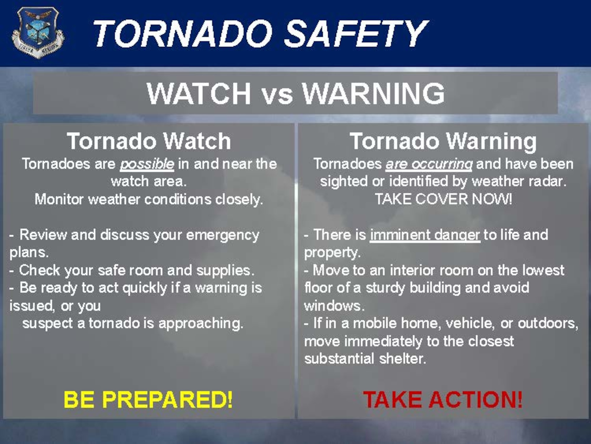 Illustration depicting the difference between a tornado watch and tornado warning