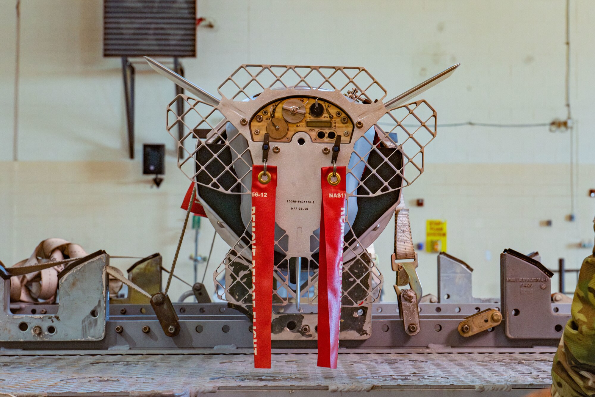 A Miniature Air-Launched Decoy (MALD) is on a holding rack at Moody Air Force Base, Georgia, Feb. 14, 2024. Pilots deploy MALDs from aircraft to replicate the signature of different aircraft, confusing enemy defense systems. (U.S. Air Force photo by Airman 1st Class Sir Wyrick)