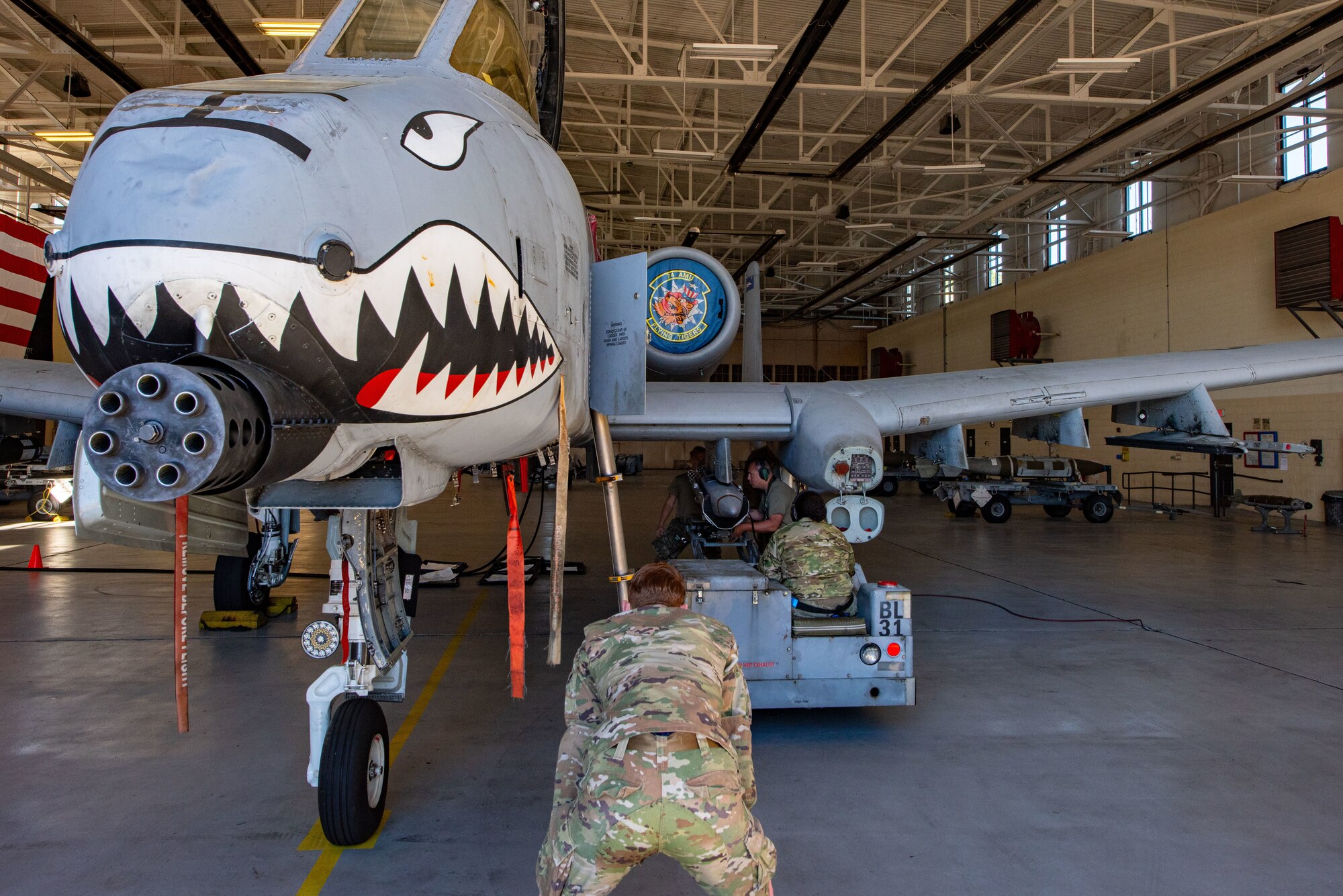 U.S. Airmen assigned to the 74th Fighter Generation Squadron load a Miniature Air-Launched Decoy onto an A-10C Thunderbolt II at Moody Air Force Base, Georgia, Feb. 14, 2024. Load crew Airmen were timed and evaluated as they performed standard loading procedures. (U.S. Air Force photo by Airman 1st Class Sir Wyrick)