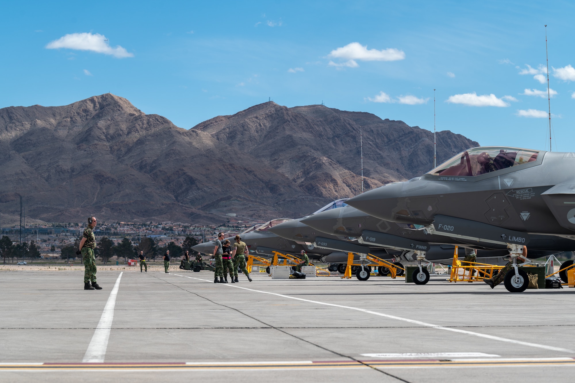 Members of the Royal Netherlands Air Force prepare to launch out F-35A Lightning IIs during Red Flag-Nellis 24-2 at Nellis Air Force Base, Nevada, March 13, 2024.