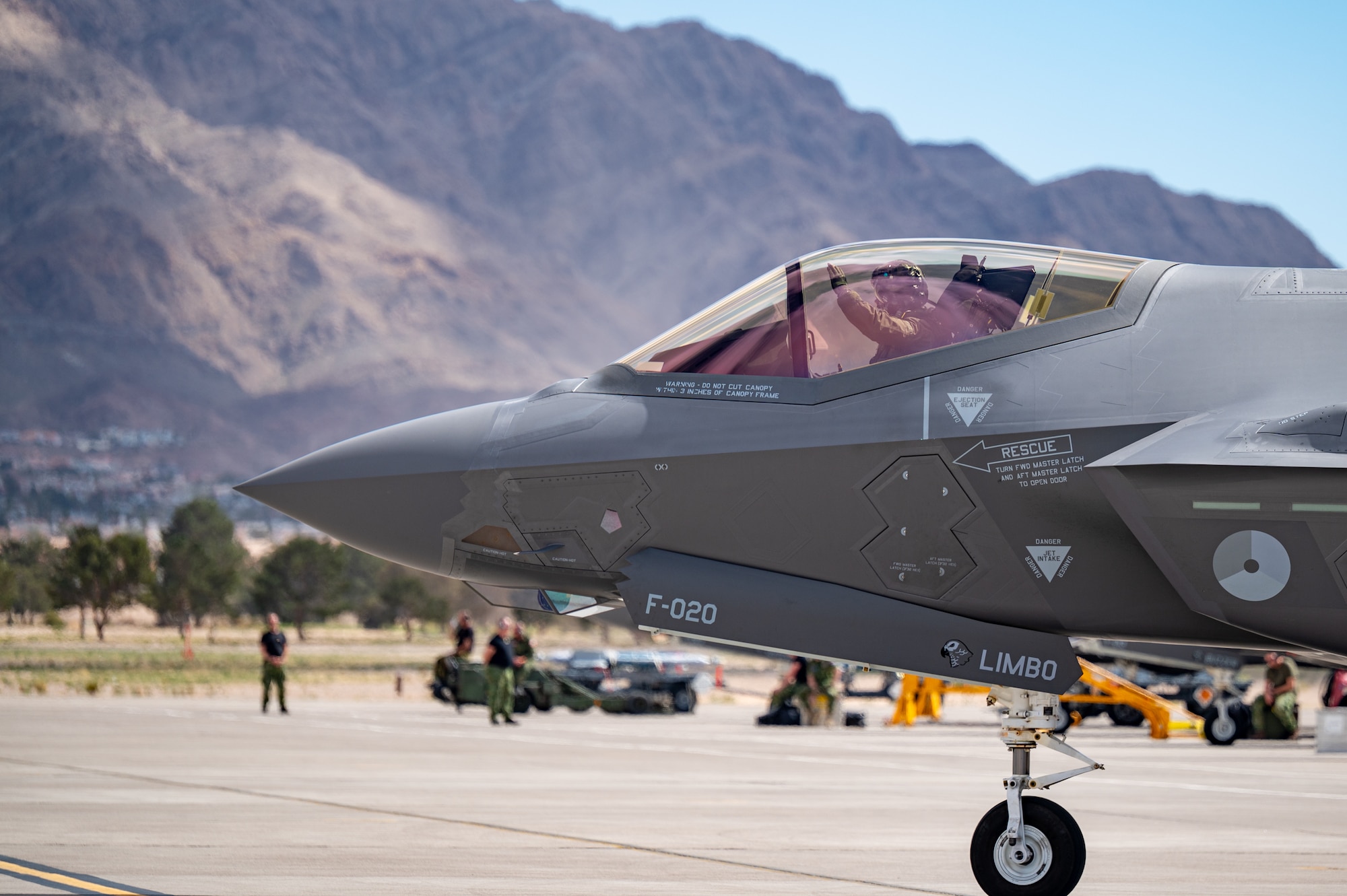A Royal Netherlands Air Force (RNLAF) F-35A Lightning II taxis on the flightline during Red Flag-Nellis 24-2, at Nellis Air Force Base, Nevada, March 13, 2024.