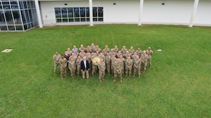 Participants of the inaugural Cyber Spartan Challenge 24-1 pose for a group photo following the conclusion of the challenge at Cape Canaveral Space Force Station, Fla., Jan. 26, 2024. This event brought together 41 cyber operators from all six active Delta 26 cyber squadrons, including the 660th Network Operations Squadron (NOS), 661st Cyber Operations Squadron (COS), 662d Cyber Squadron (CYS), 663rd CYS, and 664th CYS, supported by Delta 6’s 645th CYS, along with two NSTTC-C Range Control Officers (RCOs) from the 11th Delta Operations Squadron (DOS)/S9. (Courtesy photo)