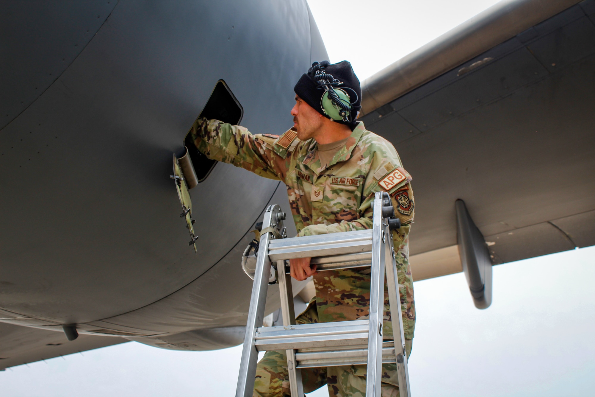 A U.S. Air Force service member works on the engine of a C-17 Globemaster III during Exercise Rising Phoenix, Feb. 8, 2024, at Morón Air Base, Spain.