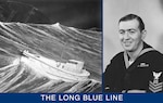 An official portrait photograph of BM1 Bernie Webber in his dress blues. (U.S. Coast Guard) 

A painting by Richard Kaiser of CG-36500 in heavy seas nearing the broken stern half of the Pendleton (depicted in the background). (U.S. Coast Guard)