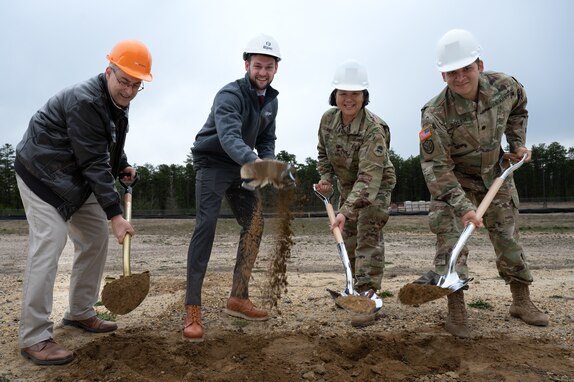 Left to right: Thomas Beshold, project architect, Design Resources Group; Tyler J. Denbleyker, project manager, Epic Management; Maj. Gen. Lisa J. Hou, D.O., The Adjutant General of New Jersey, and Lt. Col. Ismael Soler Jr., commander, 21st Weapons of Mass Destruction-Civil Support Team, New Jersey National Guard, break ground for the 21st Weapons Of Mass Destruction-Civil Support Team Ready Building, N.J., March 20, 2024. The 10,400-square-foot facility will support the 21st WMD-CST's training, administrative, and logistical requirements. This comprises administration, storage, classroom, locker room, break area, latrine/showers, parking, and maintenance areas. (U.S. Air Force photo by Airman 1st Class Aidan Thompson)