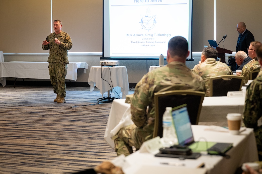 Rear Adm. Craig Mattingly, commander, Naval Service Training Command (NSTC), provides opening remarks at the 2024 Tri-Service Reserve Officers Training Corps (ROTC) Conference hosted by NSTC in San Diego, March 5. NSTC supports 98 percent of initial officer and enlisted accessions training for the Navy, as well as the Navy’s Citizenship Development program. NSTC’s support includes Recruit Training Command at Naval Station Great Lakes, Illinois, the Naval ROTC program at more than 160 colleges and universities, Officer Training Command at Newport, Rhode Island and Navy Junior ROTC and Navy National Defense Cadet Corps citizenship development programs at more than 600 high schools worldwide.