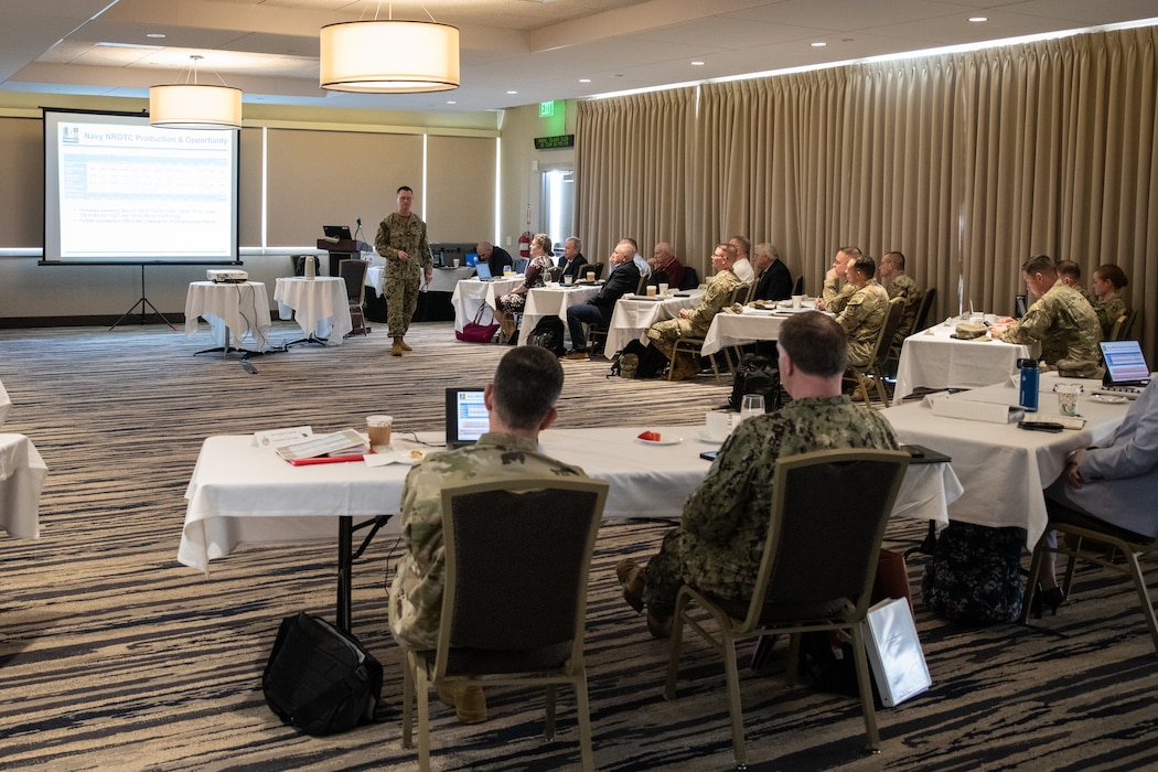 Capt. Christopher Adams, Director of Officer Development, Naval Service Training Command (NSTC), speaks at the 2024 Tri-Service Reserve Officers Training Corps (ROTC) Conference hosted by NSTC in San Diego, March 5. NSTC supports 98 percent of initial officer and enlisted accessions training for the Navy, as well as the Navy’s Citizenship Development program. NSTC’s support includes Recruit Training Command at Naval Station Great Lakes, Illinois, the Naval ROTC program at more than 160 colleges and universities, Officer Training Command at Newport, Rhode Island and Navy Junior ROTC and Navy National Defense Cadet Corps citizenship development programs at more than 600 high schools worldwide.