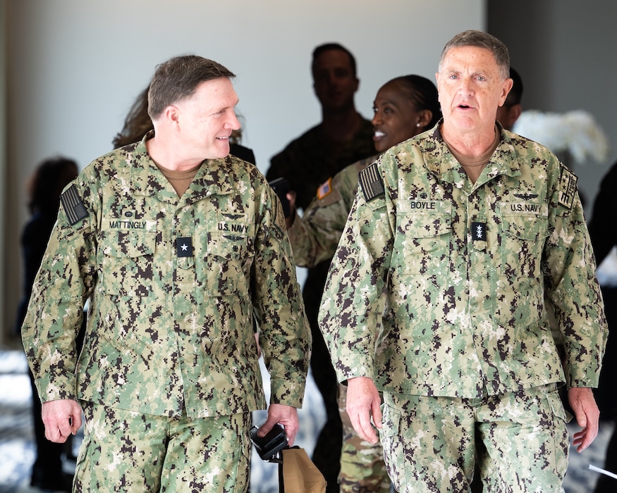 Vice Adm. Michael Boyle, commander, U.S. 3rd Fleet, right, speaks with Rear Adm. Craig Mattingly, commander, Naval Service Training Command (NSTC), prior to speaking at the 2024 Tri-Service Reserve Officers Training Corps (ROTC) Conference, March 6. NSTC supports 98 percent of initial officer and enlisted accessions training for the Navy, as well as the Navy’s Citizenship Development program. NSTC’s support includes Recruit Training Command at Naval Station Great Lakes, Illinois, the Naval ROTC program at more than 160 colleges and universities, Officer Training Command at Newport, Rhode Island and Navy Junior ROTC and Navy National Defense Cadet Corps citizenship development programs at more than 600 high schools worldwide.