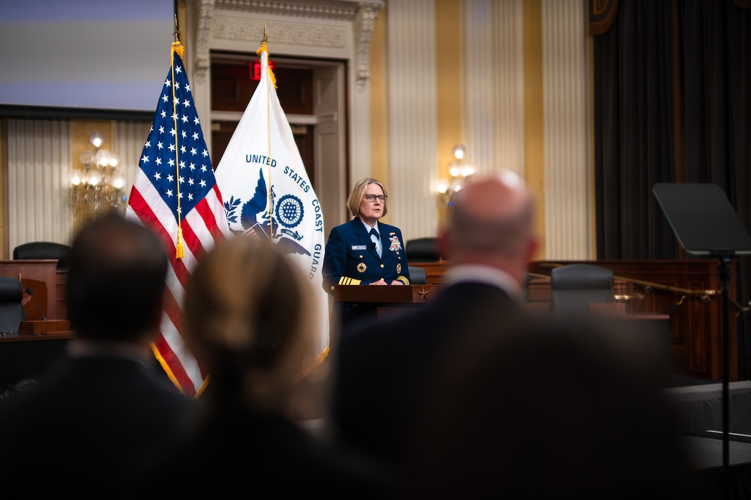 Adm. Linda L. Fagan, commandant of the Coast Guard, speaks to guests during the 2024 State of the Coast Guard Address