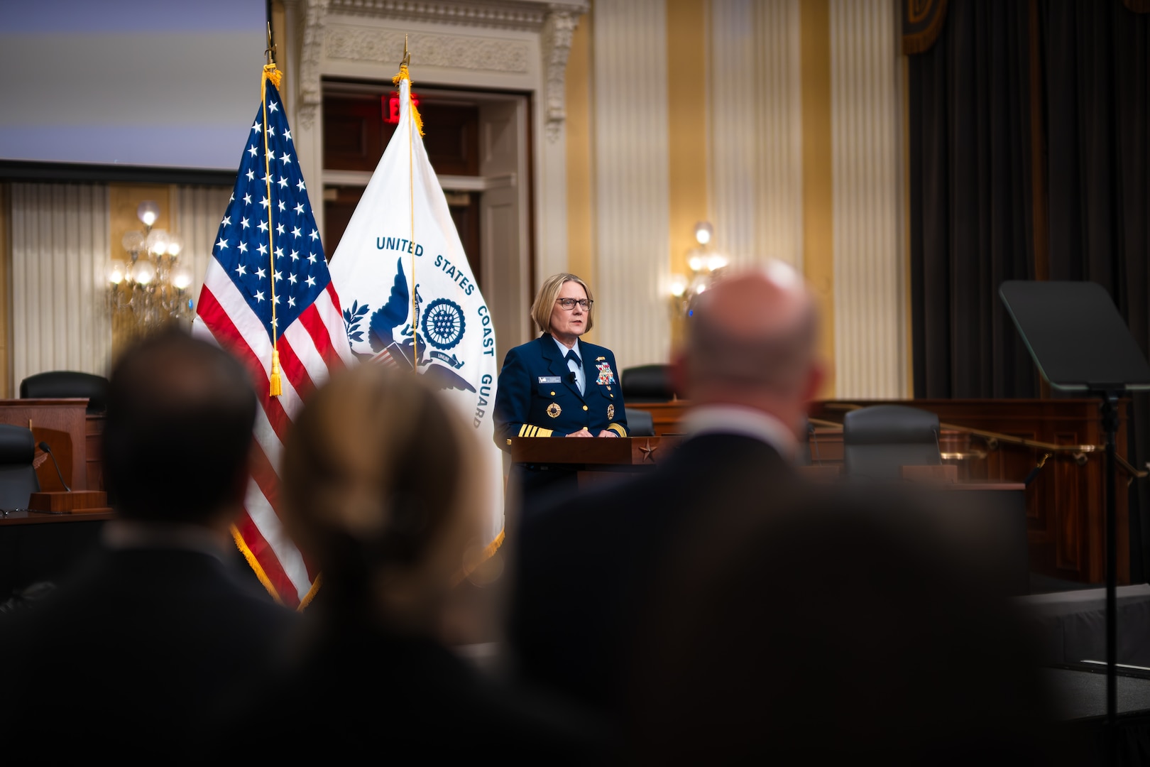 Adm. Linda L. Fagan, commandant of the Coast Guard, speaks to guests during the 2024 State of the Coast Guard Address