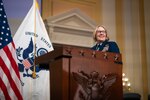 Adm. Linda L. Fagan, commandant of the Coast Guard, speaks to guests during the 2024 State of the Coast Guard Address