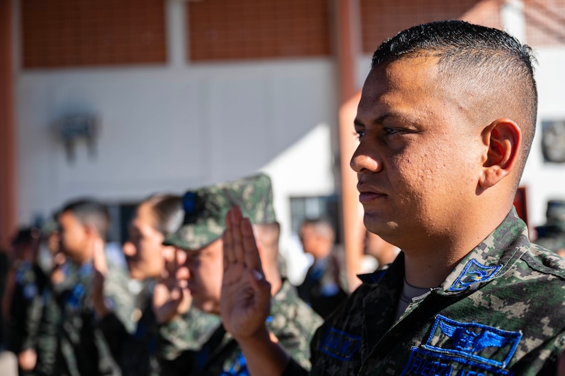 Chief Master Sgt. Dennis W. Fuselier, 12th Air Force Command Chief Master Sgt., attends a joint noncommissioned officer induction ceremony at Soto Cano Air Base, Honduras, Feb. 9, 2024.