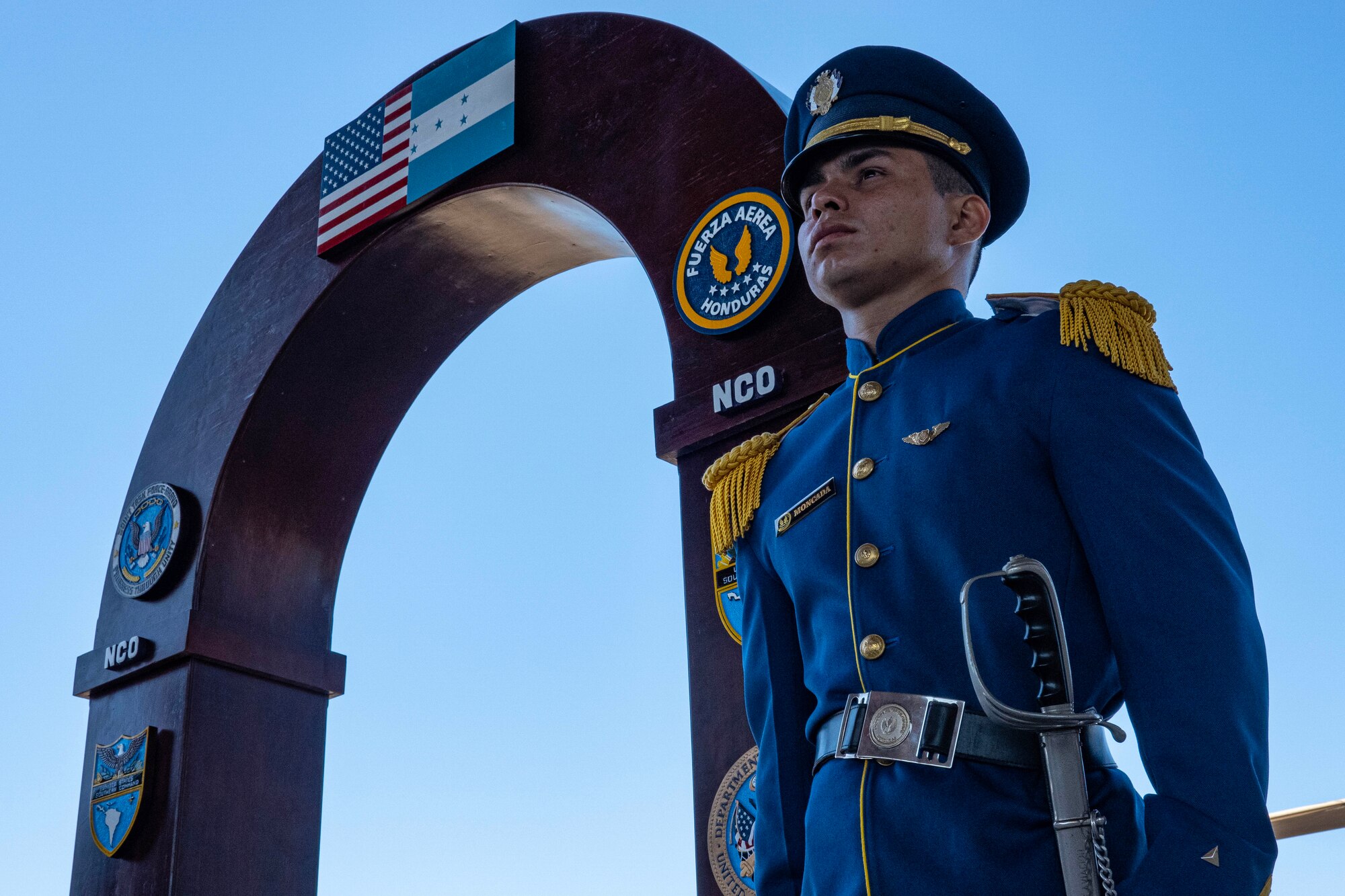 Chief Master Sgt. Dennis W. Fuselier, 12th Air Force Command Chief Master Sgt., attends a joint noncommissioned officer induction ceremony at Soto Cano Air Base, Honduras, Feb. 9, 2024.
