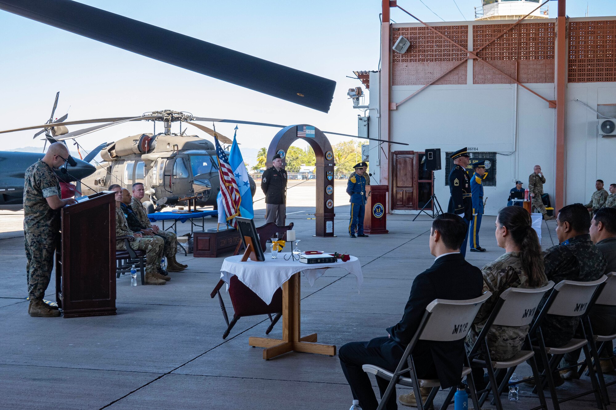 Chief Master Sgt. Dennis W. Fuselier, 12th Air Force Command Chief Master Sgt., attends a joint noncommissioned officer induction ceremony at Soto Cano Air Base, Honduras, Feb. 9, 2024.