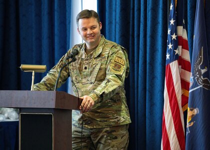U.S. Air Force Lt. Col. Joshua Jessup, outgoing commander of 224th Air Defense Group Detachment 1, speaks during a change of command ceremony at the Bolling Club in Joint Base Anacostia-Bolling, Washington, D.C., Jan. 17, 2024. Before he took command of the 224th ADG Detachment 1 in 2021, Jessup was the Director of Operations for the detachment. (U.S. Air Force photo by Airman 1st Class Bill Guilliam)