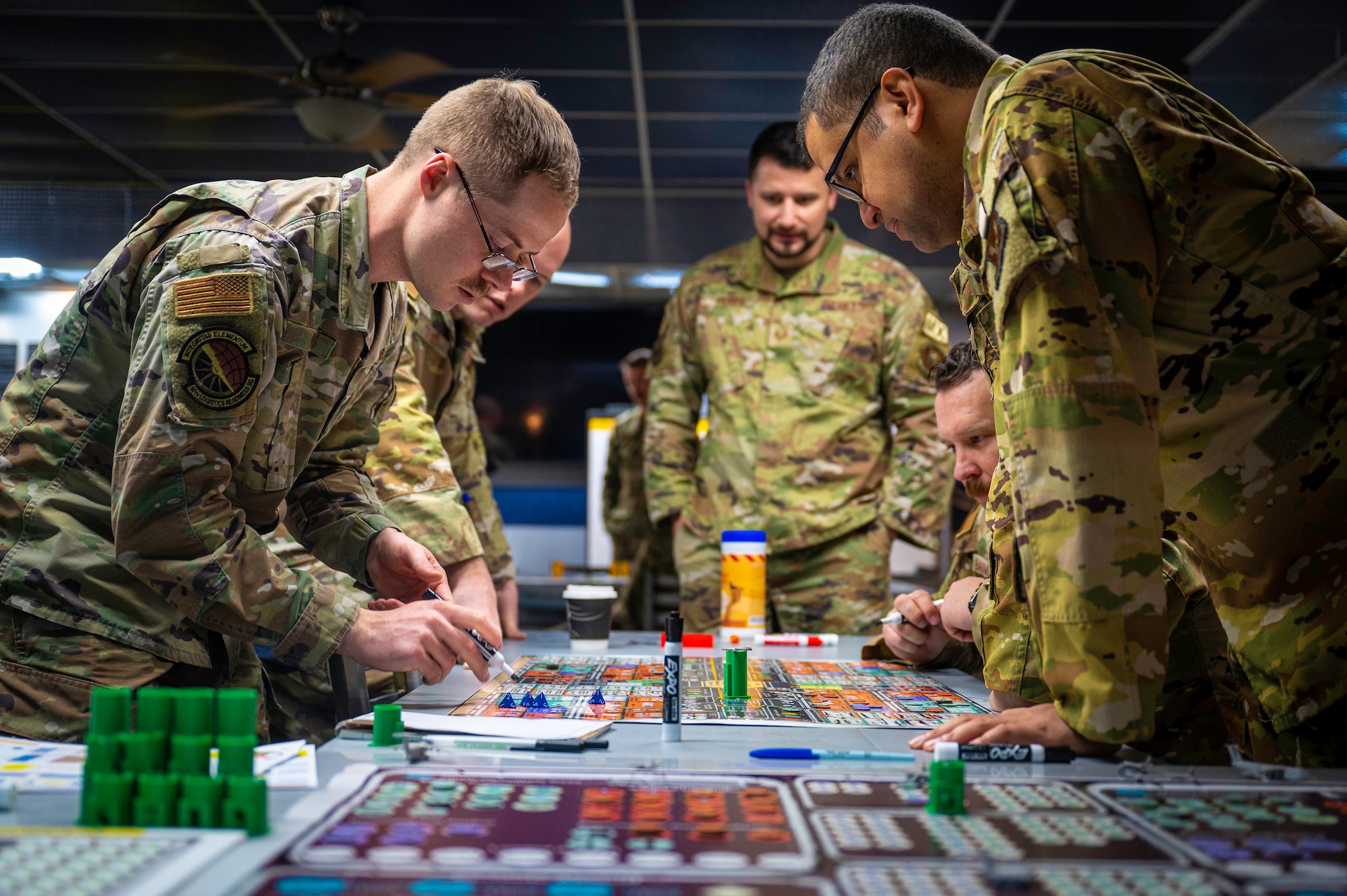 Men playing a board game.