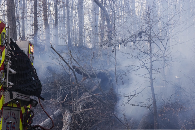 Firefighters and other first responders with Prince William County work to put out a large bush-fire along Richmond Highway, Triangle, Virginia, March 20, 2024. First Responders surround and close off all surrounding area of the fire to ensure proper safety of both civilians and first-responders. (U.S. Marine Corps photo by LCpl. Isabelle Hutmacher)