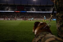 U.S. Marine Corps Pfc. Bruno, the mascot of Marine Corps Recruit Depot San Diego and the Western Recruiting Region, observes the San Diego Legion versus the Los Angeles Rugby Football Club rugby game at Snapdragon Stadium in San Diego, California, March 16, 2024. The mascot's job is to boost morale, participate in outreach work and attend events and ceremonies. (U.S. Marine Corps photo by Sgt. Jesse K. Carter-Powell)