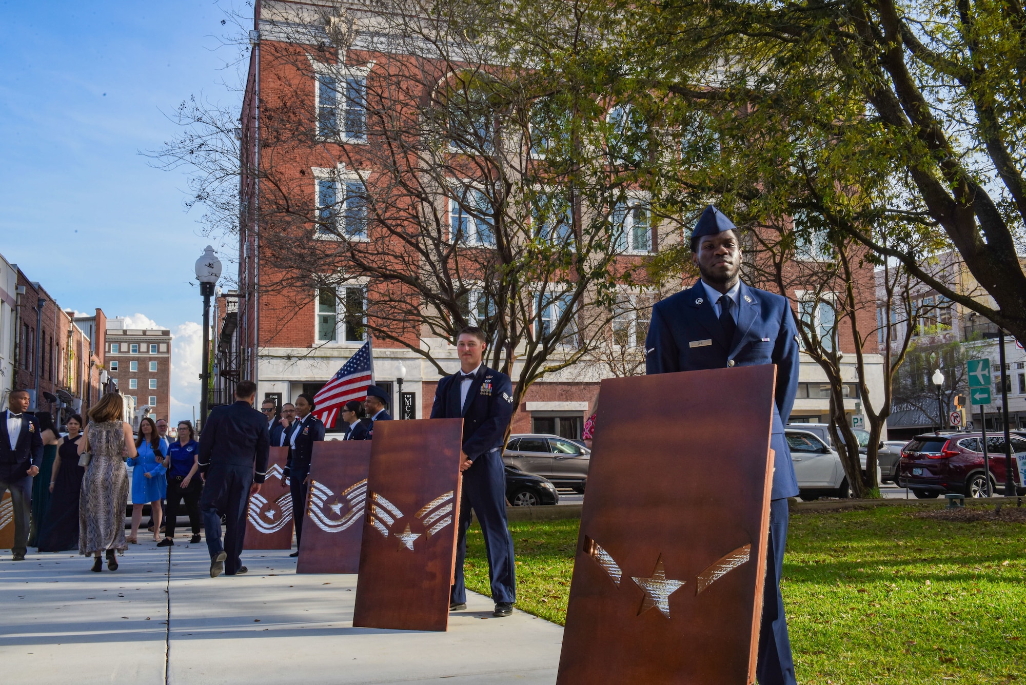 Airmen from Moody Air Force Base stand in representation of their rank during a Chief Recognition Ceremony in Valdosta, Georgia, March 16, 2023. The advancement in rank to chief master sergeant is an endeavor of commitment and can take at minimum of 18 years to accomplish. (U.S. Air Force Photo by Airman 1st Class Sir Wyrick)