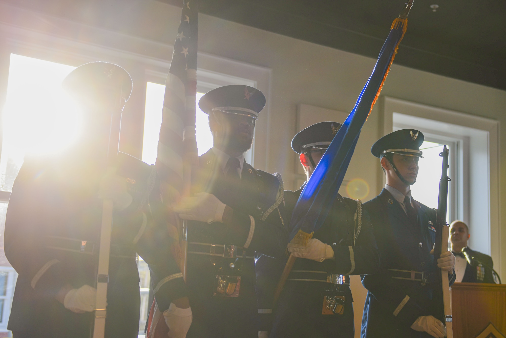 The Moody Air Force Base honor guard presents the colors during a Chief Recognition Ceremony in Valdosta, Georgia, March 16, 2023. The color guard performs at a multitude of ceremonies and events. It’s a prestigious duty that dates to the beginning of the United States of America. U.S. Air Force Photo by Airman 1st Sir Wyrick)