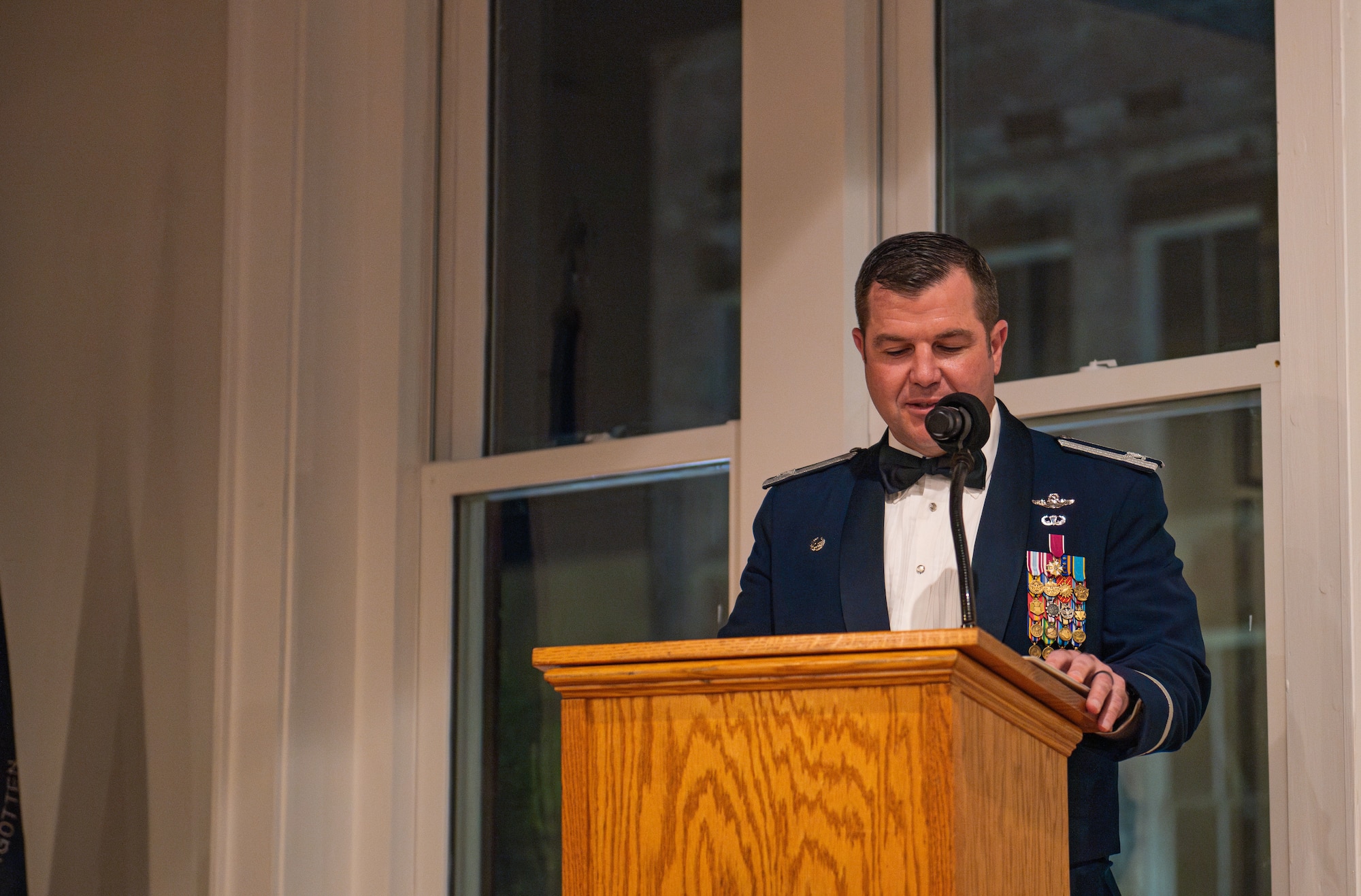 U.S. Air Force Col. Paul Sheets, 23rd Wing commander, gives closing remarks during at Chief Recognition Ceremony in Valdosta, Georgia, March 16, 2023. The Chief Recognition Ceremony is a chance for base leadership to honor and celebrate newly selected chief master sergeants. (U.S. Air Force Photo by Airman 1st Class Sir Wyrick)