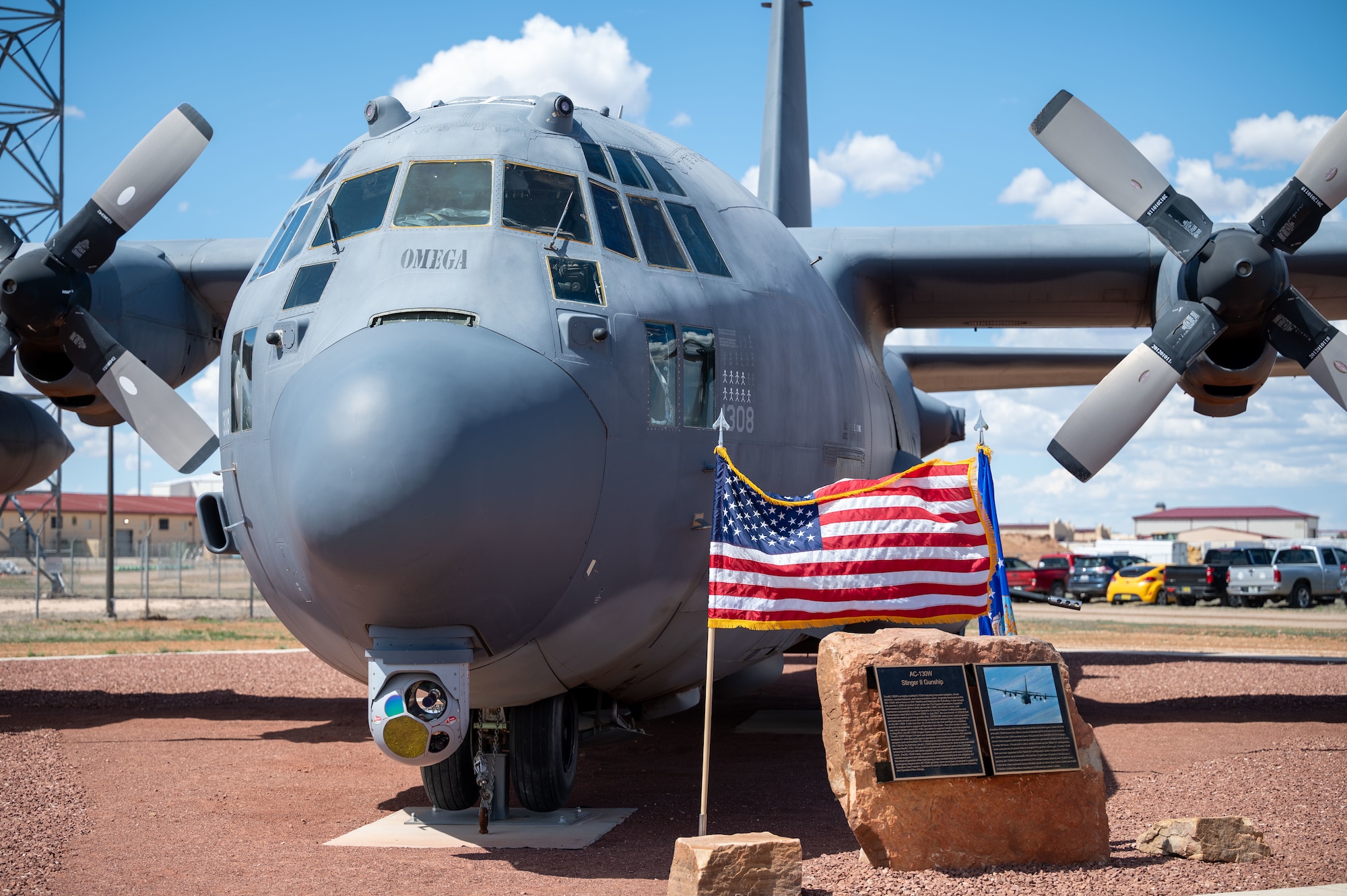 An AC-130W Stinger II gunship, Tail No. 88-1308, is memorialized as a static display after an unveiling ceremony at Cannon Air Force Base, New Mexico, March 21, 2024. Also known as Excalibur II, it was the first of the AC-130W in the fleet to fire 30 mm rounds, employ the Small Diameter Bomb and Griffin Missile. (U.S. Air Force photo by 2nd Lt. Charles Moye)
