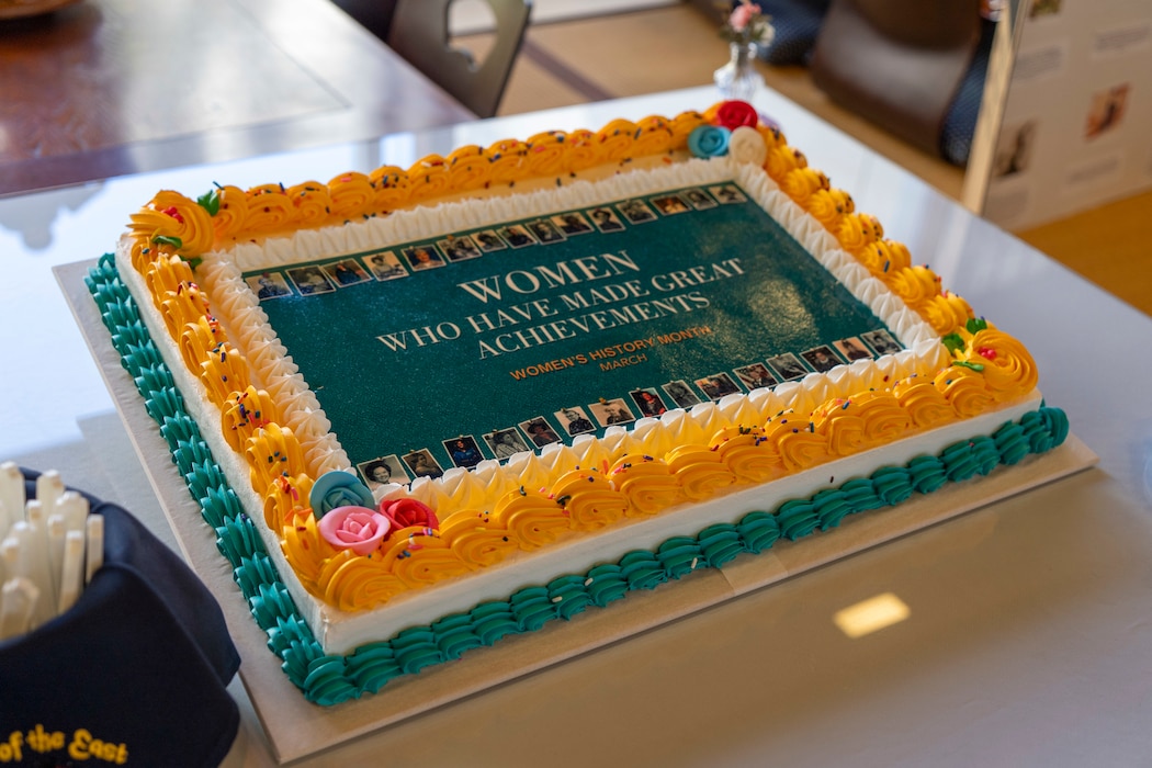 A cake readied to be cut during an observance of Women’s History Month, hosted by CFAY Multicultural Committee at the Jewel of the East General Mess, onboard CFAY.