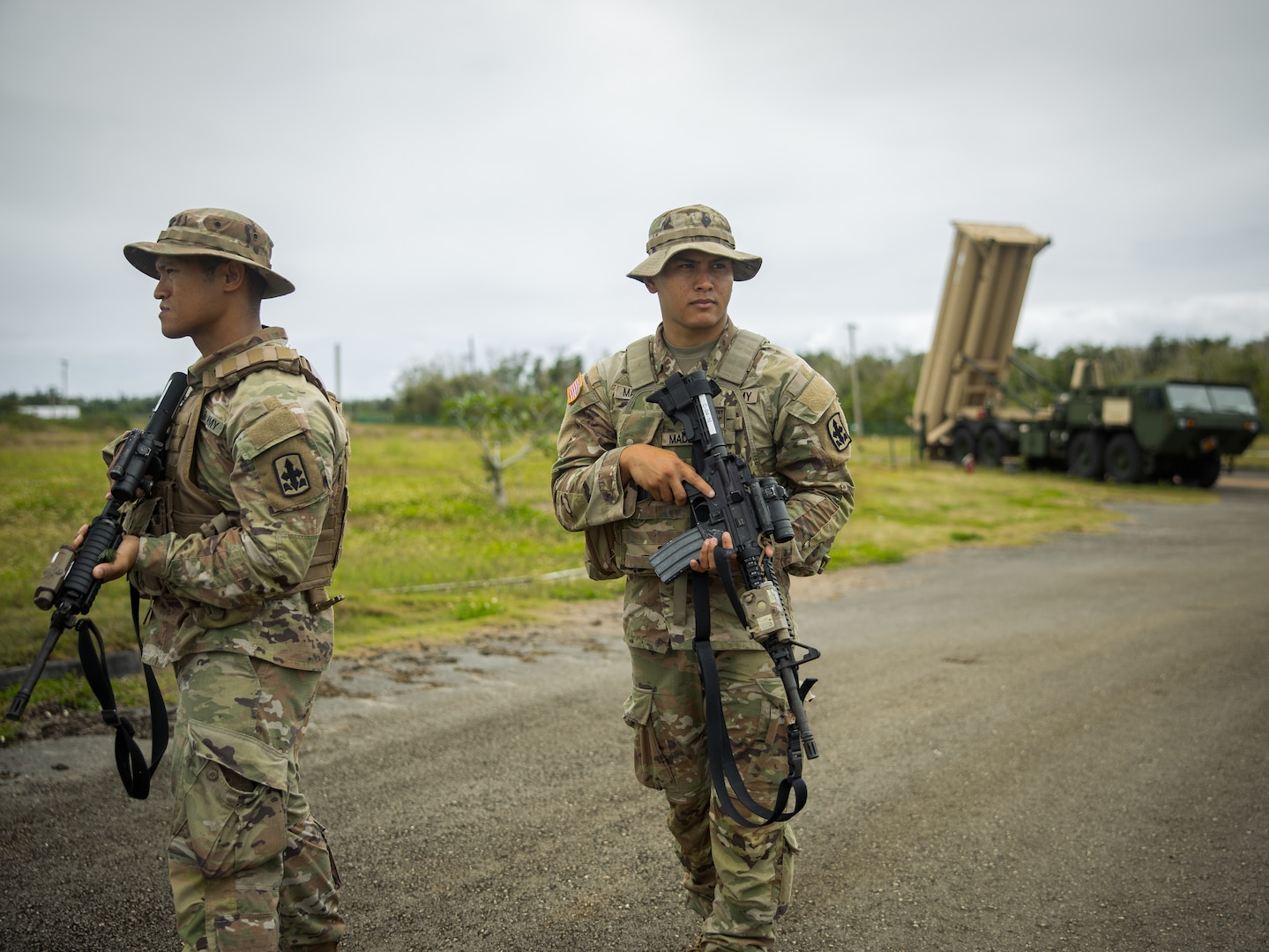 Guam National Guard soldiers assigned to Task Force Talon's Security Forces Company patrol the Terminal High Altitude Area Defense site "Excalibur" in Dededo, Guam, March 13, 2024. The THAAD battery, equipped with a state-of-the-art missile defense system, is tasked with defending Guam and its surrounding areas against ballistic missile threats. (U.S. Army Photo by Maj. Trevor Wild)