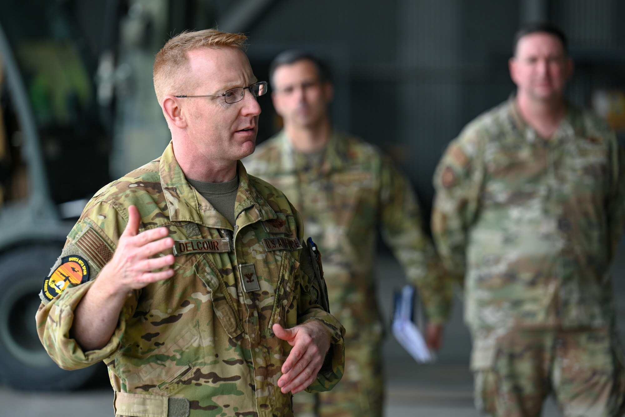 Col. Nicholas Delcour, 521st Air Mobility Operations Wing deputy commander, addresses members participating in Exercise Rising Phoenix, Feb. 7, 2024, at at Morón Air Base, Spain.