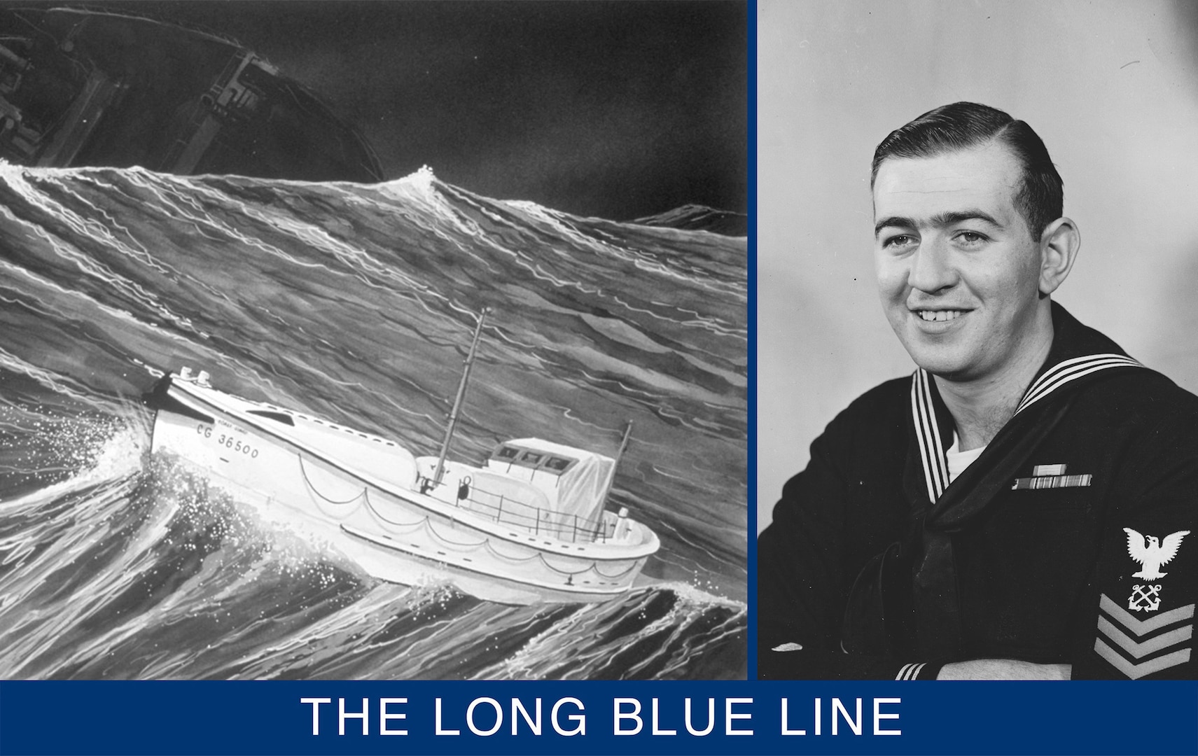 An official portrait photograph of BM1 Bernie Webber in his dress blues. (U.S. Coast Guard) 

A painting by Richard Kaiser of CG-36500 in heavy seas nearing the broken stern half of the Pendleton (depicted in the background). (U.S. Coast Guard)