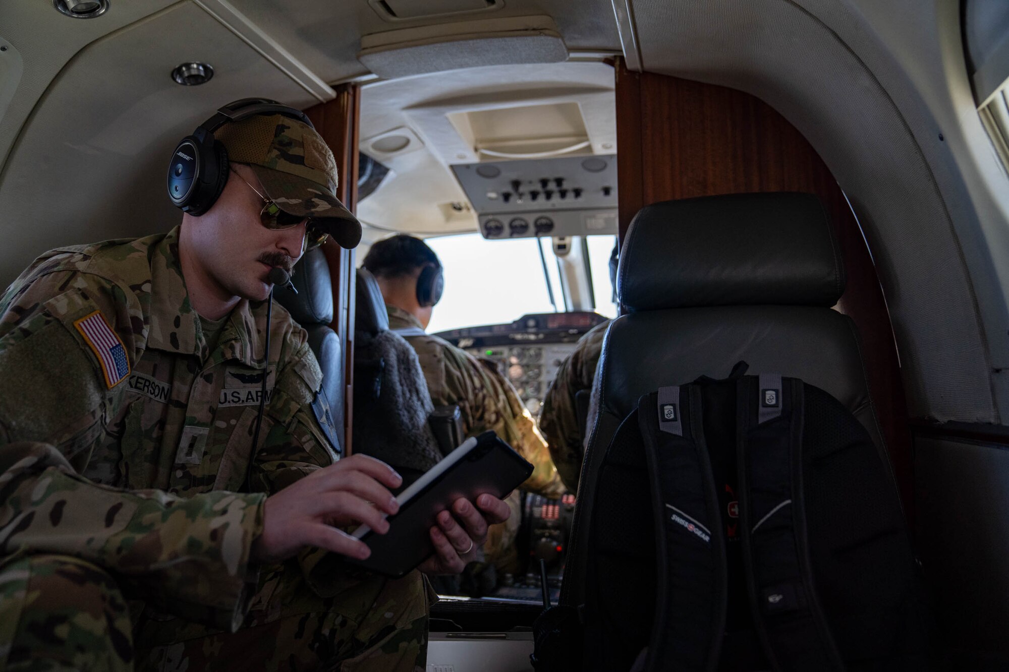 U.S. Army pilots fly a C-12 Huron from Osan Air Base to an emergency landing site training event near Namji, Republic of Korea, March 13, 2024.