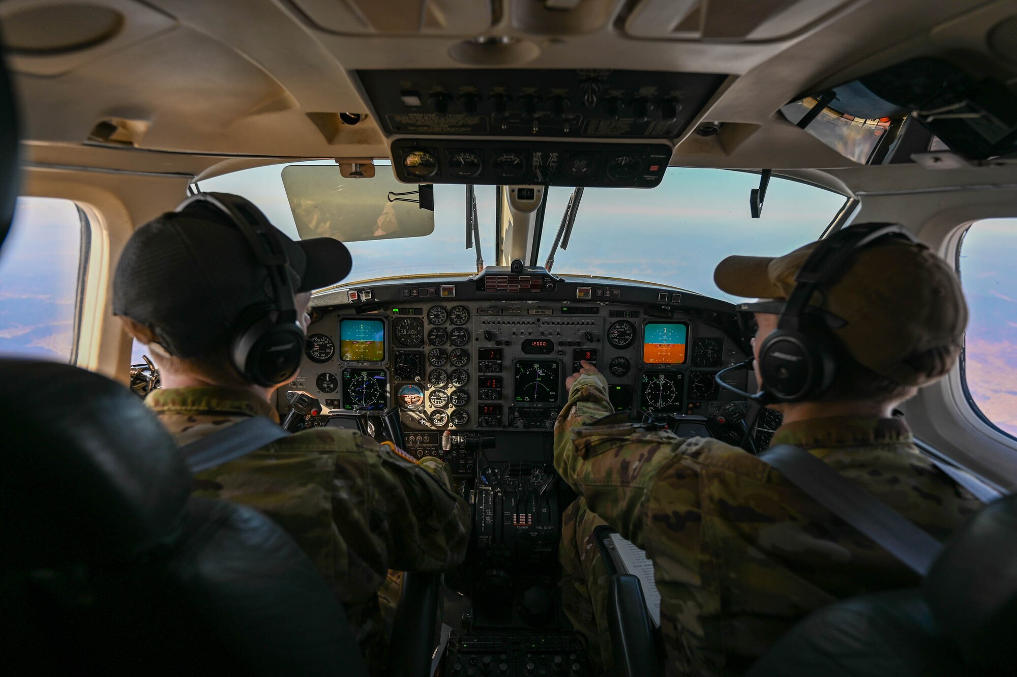 U.S. Army pilots fly a C-12 Huron from Osan Air Base to an emergency landing site training event near Namji, Republic of Korea, March 13, 2024.