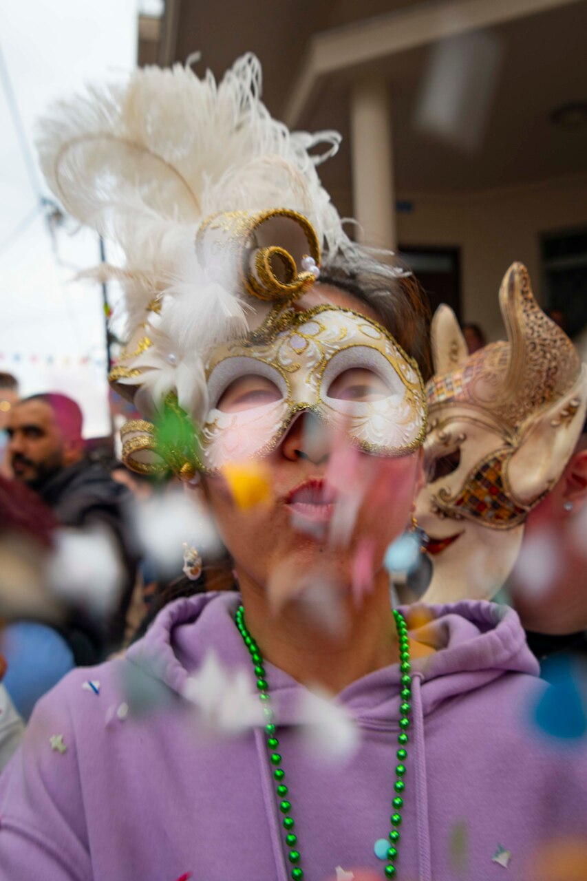 Air Traffic Controller 2nd Class Ada Guo, assigned to Naval Support Activity Souda Bay, Greece, celebrates Carnival by attending a huge parade  on March 17, 2024.