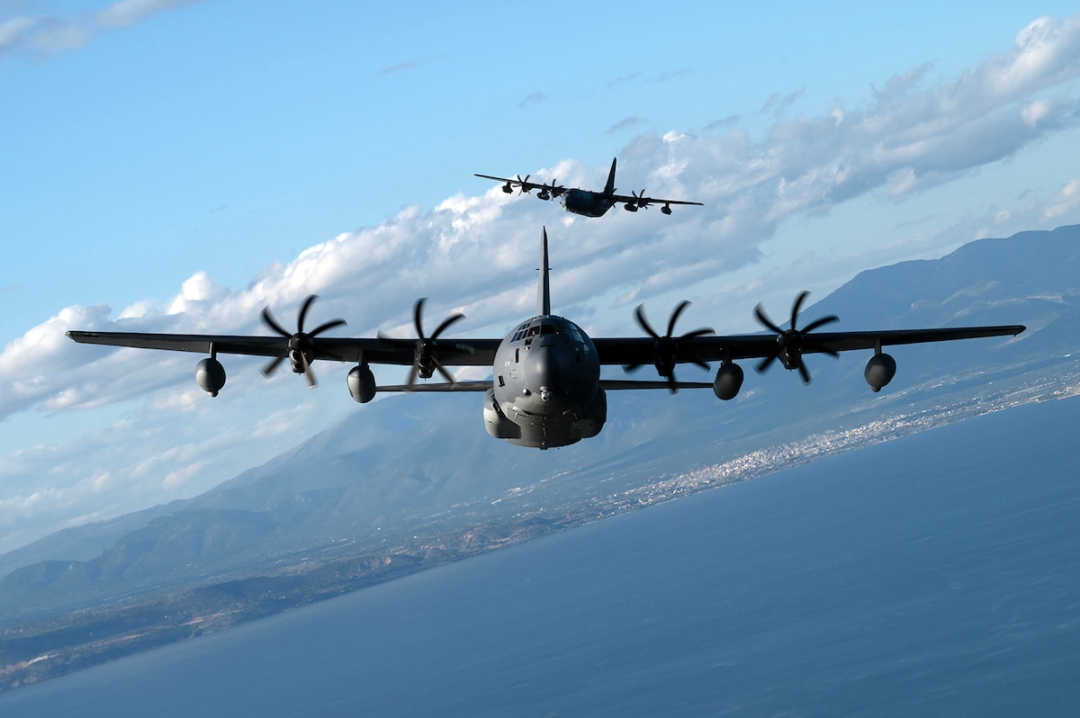 Two U.S. Air Force MC-130J Commando IIs, operated by the 67th Special Operations Squadron, fly in formation prior to conducting static line jump training with Greek special forces during exercise Trojan Footprint 24 over Greece, March 8, 2024. Trojan Footprint is a demonstration of allies' and partner nations’ ability to seamlessly operate together to maintain global freedom and security. (U.S. Air Force photo by Tech. Sgt. Westin Warburton)