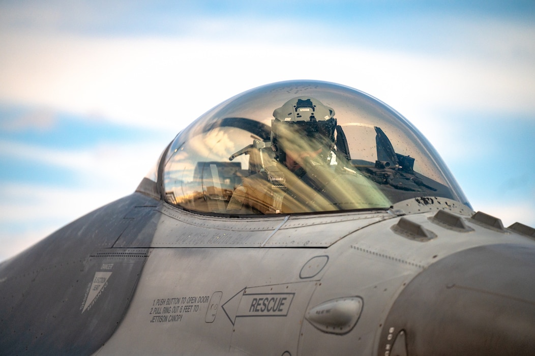 Lt. Col. Kiwedin Cornell, 57th Operations Group deputy commander, prepares to launch an F-16 Fighting Falcon