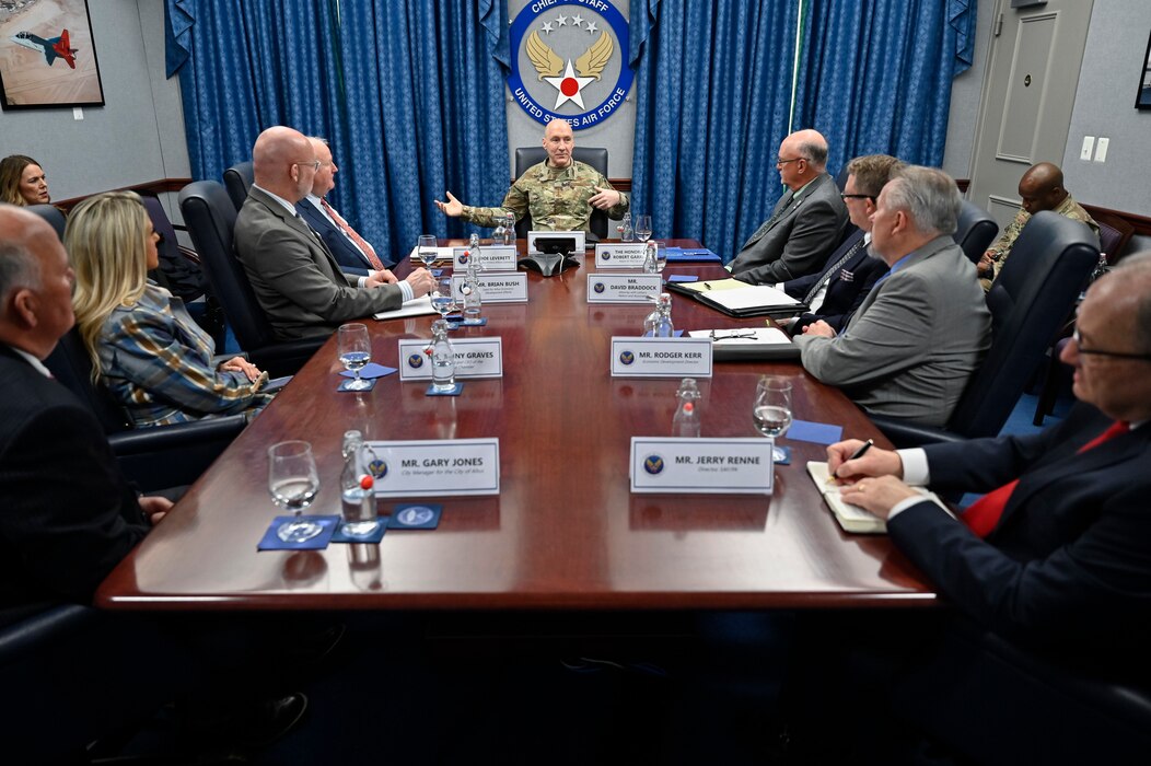 Air Force Chief of Staff Gen. David Allvin speaks with members