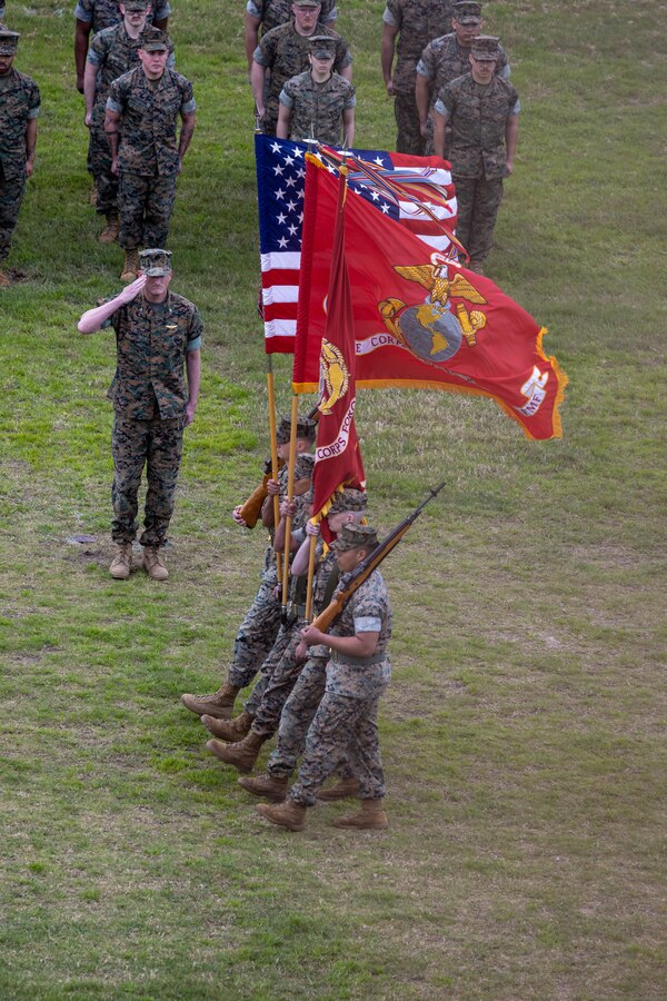 U.S. Marines with Marine Forces Reserve and Marine Forces South, march the colors during their change of command ceremony at the Marine Corps Support Facility, New Orleans, March 21, 2024. Lt. Gen. David G.Bellon, outgoing commander of Marine Forces Reserve and Marine Forces South, relinquished his duties to Lt. Gen. Leonard F. Anderson IV after 35 years of faithful service to the Marine Corps. (U.S. Marine Corps photo by Lance Cpl. David Intriago)