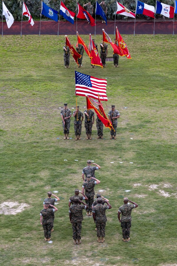 U.S. Marines with Marine Forces Reserve and Marine Forces South, salute the colors during their change of command ceremony at the Marine Corps Support Facility, New Orleans, March 21, 2024. Lt. Gen. David G. Bellon, outgoing commander of Marine Forces Reserve and Marine Forces South, relinquished his duties to Lt. Gen. Leonard F. Anderson IV after 35 years of faithful service to the Marine Corps. (U.S. Marine Corps photo by Lance Cpl. David Intriago)