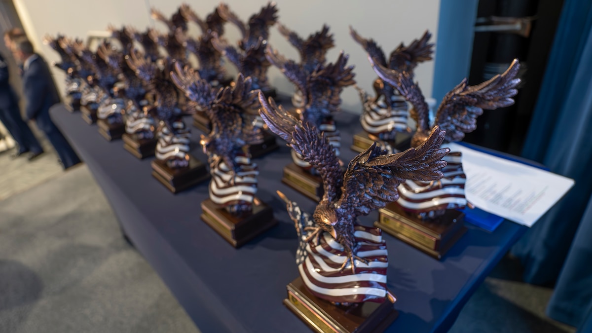 Annual award statues at the Air Force Research Laboratory’s, or AFRL, 2023 Annual Awards Ceremony March 19, 2024, at the Air Force Institute of Technology's Kenney Hall at Wright-Patterson Air Force Base, Ohio. The ceremony recognized the accomplishments of AFRL personnel during the previous year. (U.S. Air Force photo / Keith Lewis)